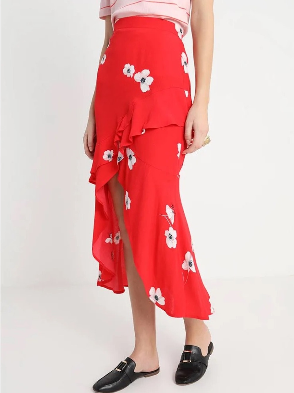 Bardot Red Floral Ruffle Wrap Skirt from Revolve